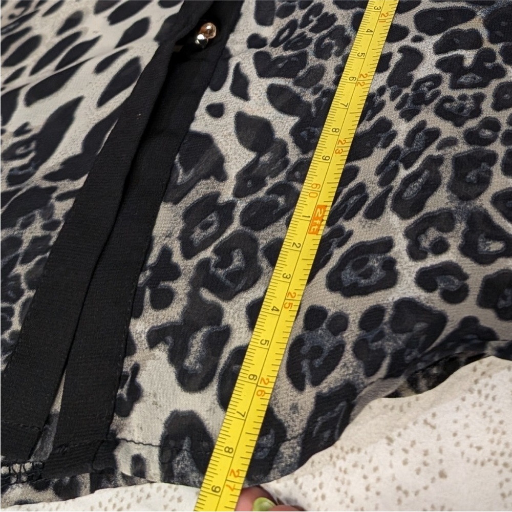 Adara sheer chiffon cheetah print black/grey/lime buttonup mandarin collar top - Picture 3 of 5